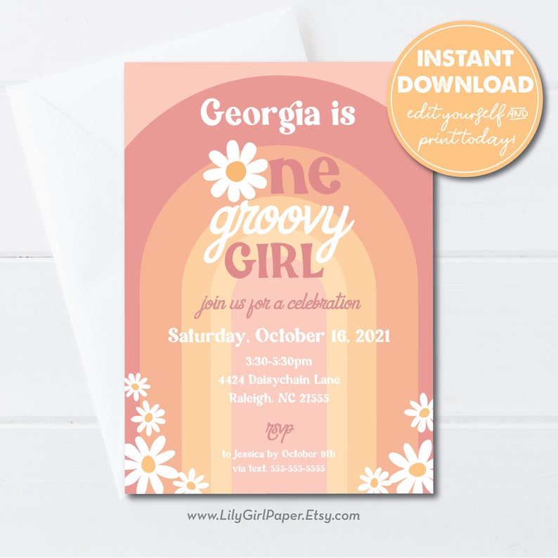 Puede incluir: Una invitaci&oacute;n rosa y naranja con un dise&ntilde;o de arco&iacute;ris y una margarita. El texto dice "Georgia is one groovy girl, join us for a celebration, Saturday, October 16, 2021, 3:30-5:30pm, 4424 Daisychain Lane, Raleigh, NC 27555, RSVP to Jessica by October 9th via text 555-555-5555, www.LilyGirlPaper.Etsy.com".