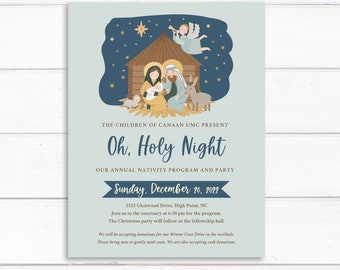 Puede incluir: Una invitación navideña azul y dorada con una ilustración de la escena de la Natividad. El texto dice "The Children of Canaan UMC Present Oh, Holy Night Our Annual Nativity Program and Party Sunday, December 20, 2022 2525 Glenwood Drive, High Point, NC Join us in the sanctuary at 6:30 pm for the program. The Christmas party will follow in the fellowship hall. We will be accepting donations for our Winter Coat Drive in the vestibule. Please bring new or gently used coats. We are also accepting cash donations. www.LilyGirlPaper.Etsy.com"