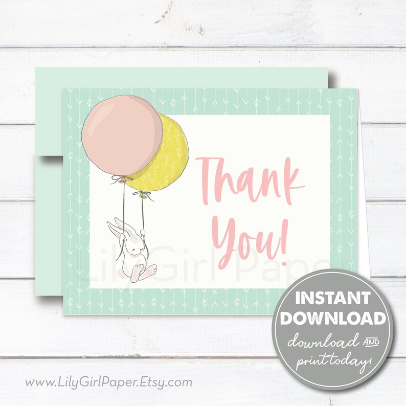 Bunny with Balloons Printable Stationery INSTANT DOWNLOAD Thank You Card Gender Neutral PDF File 0193 Baby Shower Birthday Party
