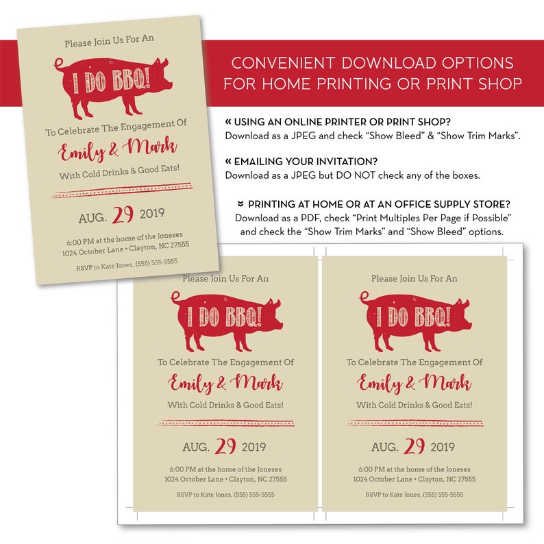 May include: A printable invitation for a barbecue-themed engagement party. The invitation features a red pig with the text "I Do BBQ!" and the couple's names, Emily and Mark. The invitation is set on a beige background with red accents.