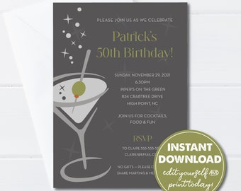 EDITABLE Cocktail Birthday Party Invitation Template, 30th, 40th, 50th, 60th, 70th Birthday, Martini Glass, INSTANT DOWNLOAD, 0293