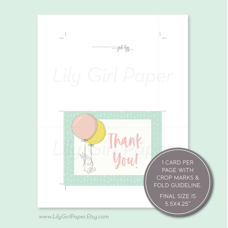 Bunny with Balloons Printable Stationery INSTANT DOWNLOAD Thank You Card Gender Neutral PDF File 0193 Baby Shower Birthday Party