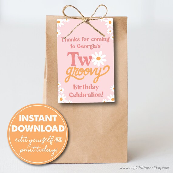 Editable Two Groovy 2nd Birthday Party Favor Tags, INSTANT DOWNLOAD! 70s theme, Daisies, Retro, Boho Printable Favor, Goodie Bag, 0306 Il_570xn