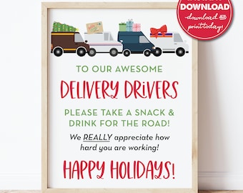 Delivery Driver Thank You Snack & Drink Sign, Happy Holidays, Christmas Deliveries, Mail Carrier Gift, Packages, Instant Download 0288