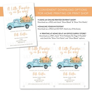 May include: A printable baby shower invitation featuring a blue pickup truck carrying pumpkins and fall foliage. The text reads "A Little Pumpkin is on the way!" and includes the name "Beth Dutton" and the date and time of the shower.