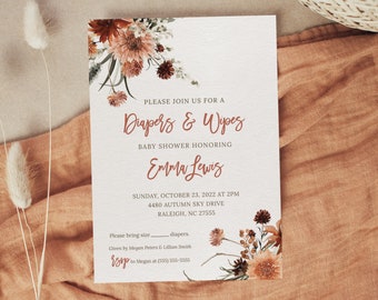 Diaper & Wipes Baby Shower Editable Invitation Template, Fall Flowers, Boho Fall Baby Shower, INSTANT DOWNLOAD! Print, Text or Email! 0338