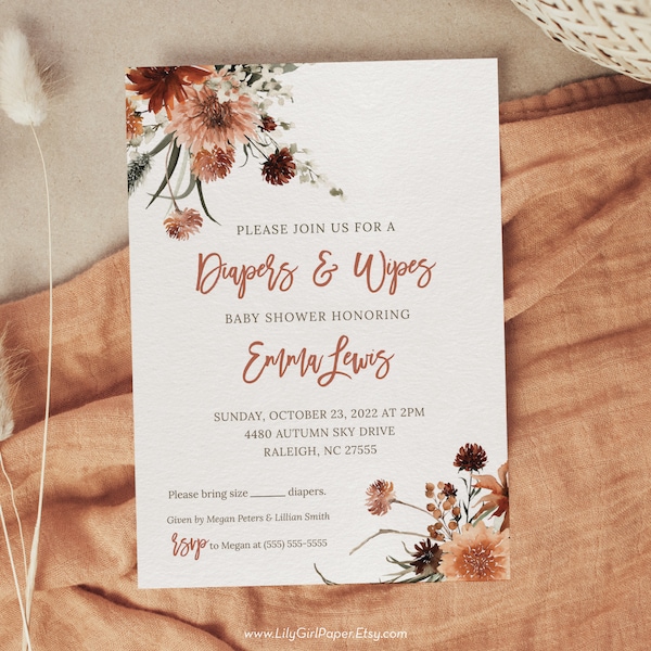 Diaper & Wipes Baby Shower Editable Invitation Template, Fall Flowers, Boho Fall Baby Shower, INSTANT DOWNLOAD! Print, Text or Email! 0338