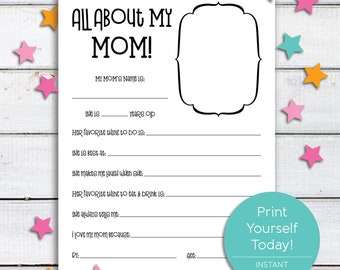 Mother's Day Printable, All About Mom Printable, Instant Download, Mother's Day Gift, Preschool Craft, Elementary Activities and Printables