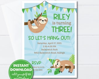 Editable Cute Sloth Boy Birthday Invitation Template, INSTANT DOWNLOAD, Come Hang Out, Jungle Gym Birthday, Little Boy Party Invite, 0278