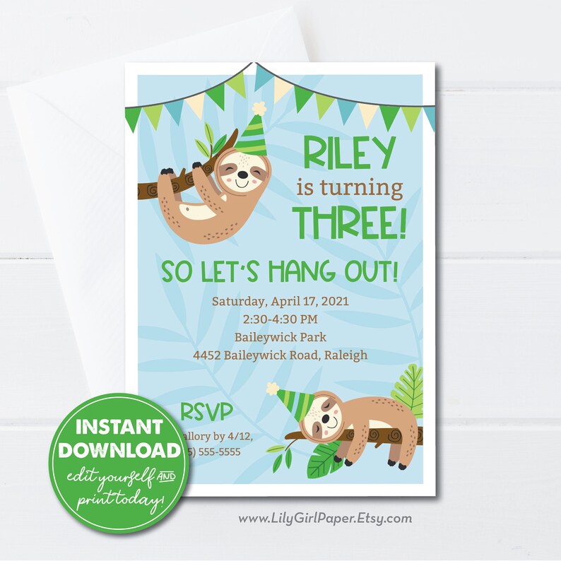Editable Cute Sloth Boy Birthday Invitation Template, INSTANT DOWNLOAD, Come Hang Out, Jungle Gym Birthday, Little Boy Party Invite, 0278 image 1