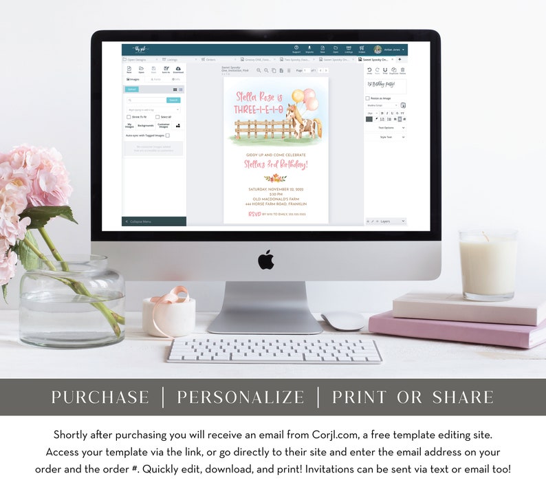 May include: A printable invitation for a girl's 3rd birthday party. The invitation features a cartoon horse with pink balloons and the text "Stella Rose is THREE-1-E-1-0".
