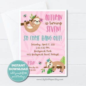 Editable Cute Sloth Girl Birthday Invitation Template, INSTANT DOWNLOAD, Come Hang Out, Jungle Gym Birthday, Little Girl Party Invite, 0277