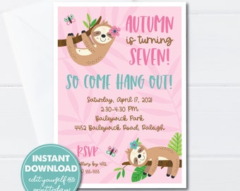 Editable Cute Sloth Girl Birthday Invitation Template, INSTANT DOWNLOAD, Come Hang Out, Jungle Gym Birthday, Little Girl Party Invite, 0277