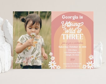 Groovy Young, Wild & Three Birthday Party Photo Invitation, Editable Template, 3rd Birthday, Retro Rainbow, Daisies, INSTANT DOWNLOAD, 0317