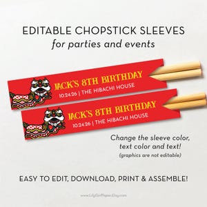 Chopsticks Sleeve Editable Template, Red, Chinese Lion Chopstick Pocket, Hibachi Birthday Dinner, Asian Steakhouse, INSTANT DOWNLOAD