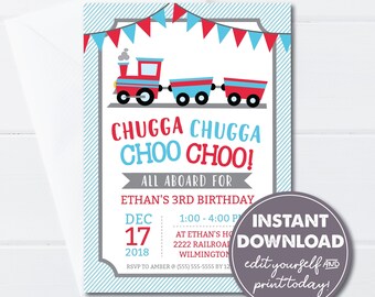 Editable Chugga Chugga Choo Choo Train Birthday Party Invitation, Toddler Boy Birthday, INSTANT DOWNLOAD, Edit, Download & Print Today! 0144