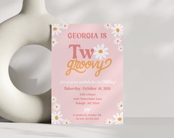 Editable Two Groovy 2nd Birthday Party Invitation Template, 70s theme, Daisies, Rainbow, INSTANT DOWNLOAD, Edit, Download, Print/Email! 0306