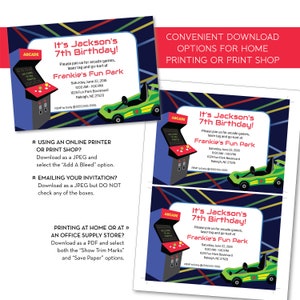 May include: A blue and green invitation for a 7th birthday party at Frankie's Fun Park. The invitation features an arcade game and a go-kart. The text on the invitation reads "It's Jackson's 7th Birthday!" and includes the date, time, and location of the party.