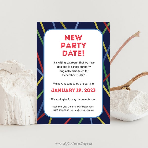 Editable New Birthday Party Date Card Template, Postponed, Rescheduled Notice, INSTANT DOWNLOAD, Edit, Download and Email or Print Today!