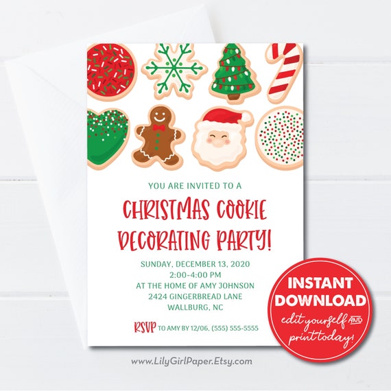 Editable Christmas Cookie Decorating Party invitation Template, Instant Download, Cookie Swap, Holiday Cookie Party Invitation, 0232 Il_570xn