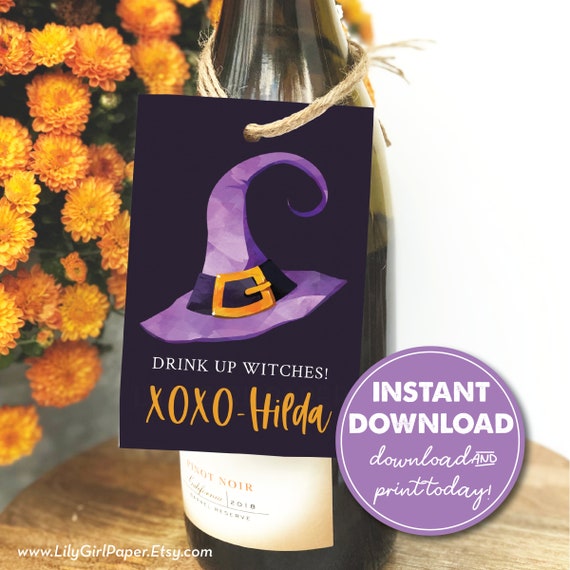Editable "Drink Up Witches" Halloween Wine Tags for Gift Giving, Personalized Hostess Gift, Witch's Brew Tag, INSTANT DOWNLOAD Il_570xn