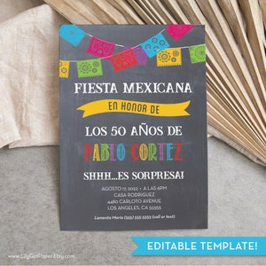 Editable Invitación a Fiesta de Cumpleaños Fiesta Mexicana, Invitation template, Es Sorpresa, 40 Anos, 50 Anos, 60 Anos, 70 Anos, digital