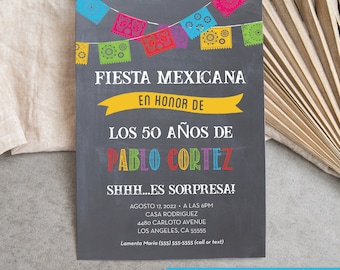 Editable Invitación a Fiesta de Cumpleaños Fiesta Mexicana, Invitation template, Es Sorpresa, 40 Anos, 50 Anos, 60 Anos, 70 Anos, digital