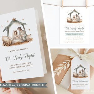 Puede incluir: Un paquete de programas de obras de teatro navideñas imprimibles con una ilustración de acuarela de la escena de la natividad. El programa incluye el texto "Canaan UMC Presents Oh Holy Night Our Annual Christmas Nativity Program & Party Sunday, December 17, 2023".