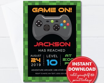 Editable Video Game Birthday Party Invitation, Game On, Xbox, Playstation, Instant Download, Tween, Teen, Boy Birthday, Printable, 0184