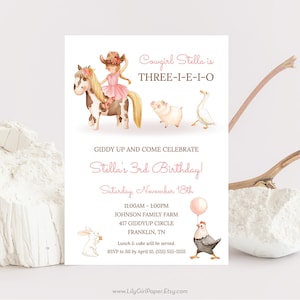 Editable Cowgirl Three-i-e-i-o 3rd Birthday Party Invitation Template, Western, Blonde Girl Farm Party, INSTANT DOWNLOAD, Print/ Email, 0374