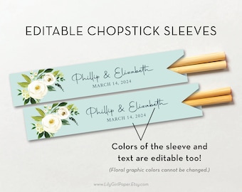 Wedding Chopsticks Sleeve Editable Template, Edit the Sleeve Color, Chopstick Pocket, Wedding Favor, Bridal Shower, Rehearsal Dinner Favor