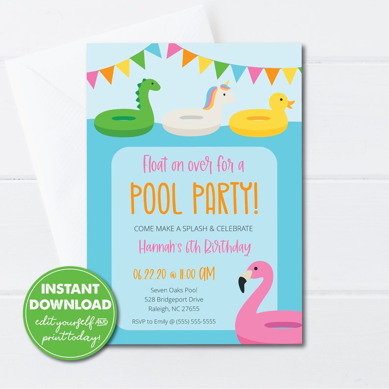 Editable Summer Pool Party Invitation Template, Girls, Tween Pool Party Birthday, INSTANT DOWNLOAD, Edit and Print or Email Yourself, 0128 image 2