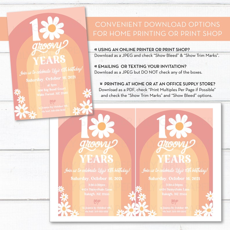 May include: A printable invitation for a 1st birthday party with a groovy theme. The invitation features a rainbow design with daisies and the text "1 groovy years". The invitation includes the date, time, and location of the party.