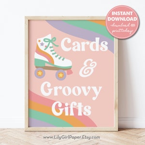 May include: A pink and orange sign with a retro roller skate and the text "Cards & Groovy Gifts". The sign has a rainbow-colored background with a wavy pattern.