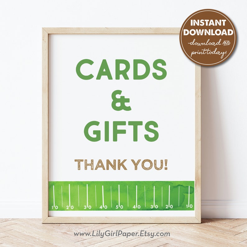 May include: A printable sign with a green and white football field design. The sign says "Cards & Gifts Thank You!" with a ruler at the bottom.