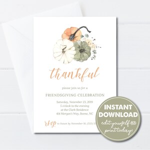 Editable Friendsgiving Dinner Party Invitation Template, Friends Thanksgiving Dinner Party, INSTANT DOWNLOAD, Pumpkin and Flowers, 0181 image 1