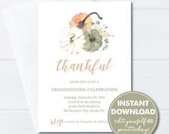 Editable Friendsgiving Dinner Party Invitation Template, Friends Thanksgiving Dinner Party, INSTANT DOWNLOAD, Pumpkin and Flowers, 0181