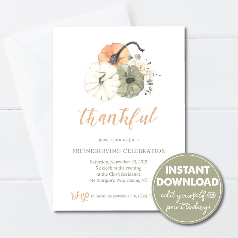 Editable Friendsgiving Dinner Party Invitation Template, Friends Thanksgiving Dinner Party, INSTANT DOWNLOAD, Pumpkin and Flowers, 0181 image 1