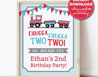 Editable Chugga Chugga Two Two 2nd Birthday Party Welcome Sign Template, 16x20, Train, INSTANT DOWNLOAD! Printable Guest Greeting, 0144