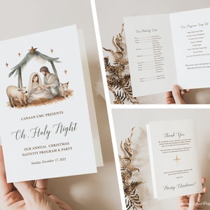 May include: A white card with a watercolour illustration of the nativity scene. The card reads "Canaan UMC Presents Oh Holy Night Our Annual Christmas Nativity Program & Party Sunday, December 17, 2023".