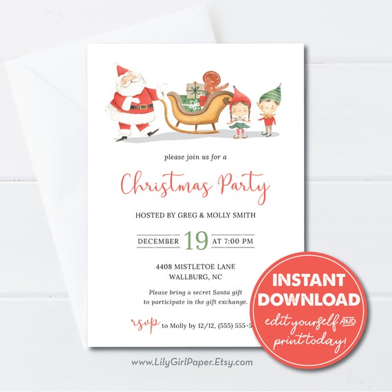 Editable Christmas Party invitation Template, INSTANT DOWNLOAD, Gift Exchange, Kid's Christmas Party Invitation, Print, Email or Text, 0268 Il_570xn