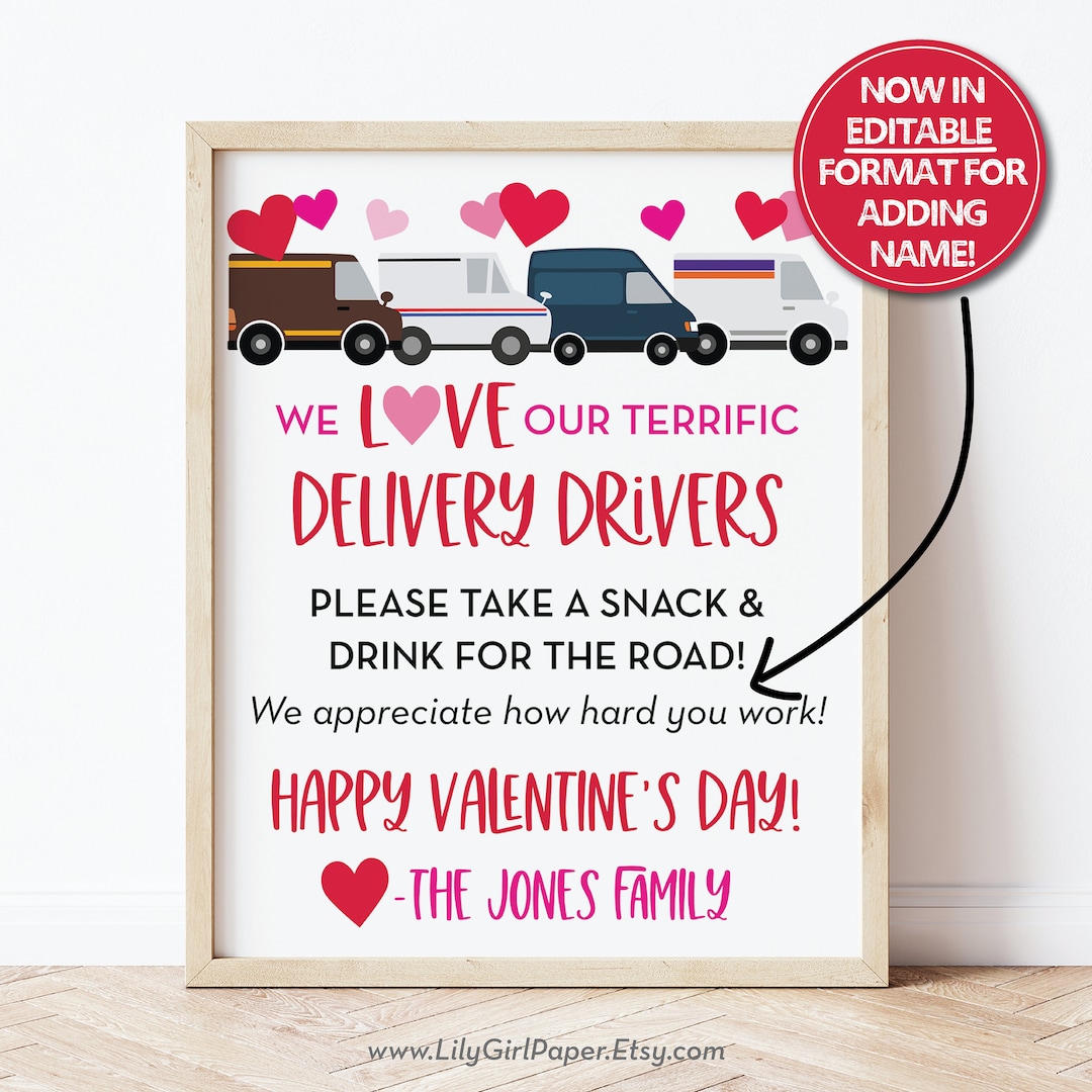 Editable Valentine's Day Delivery Driver Snack & Drink Sign, Mail ...