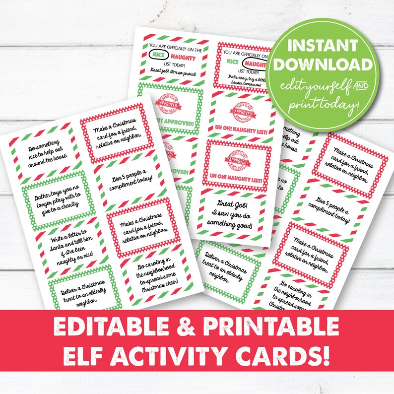 Editable Elf Activity Cards Notes From the Elf INSTANT | Etsy
