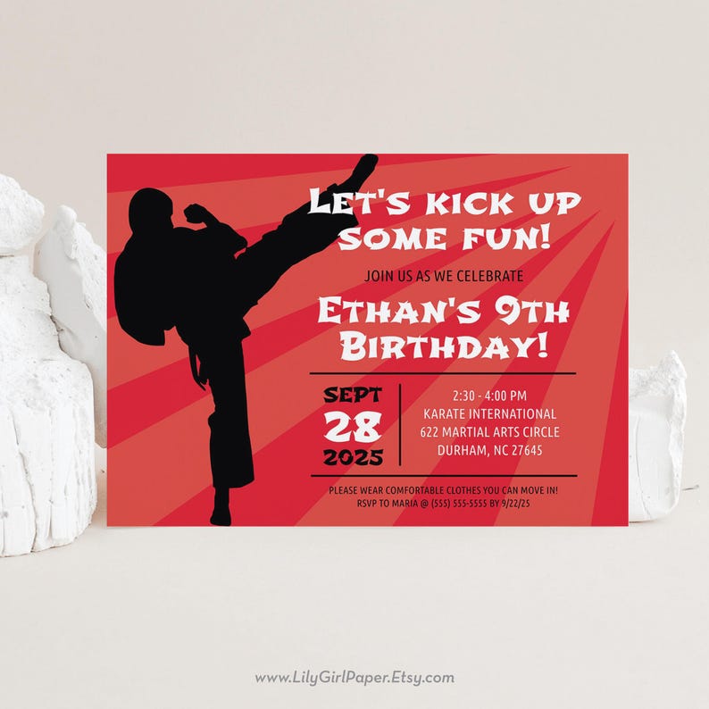 May include: Red and white birthday invitation with a silhouette of a person in a karate pose. The invitation is for Ethan's 9th birthday party, which will be held at Karate International on September 28, 2025 from 2:30 to 4:00 PM.