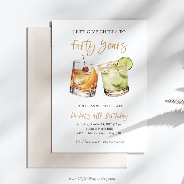 Bourbon and Margarita Cheers Invitation, Editable Cocktail Birthday Invitation Template, Cheers to 40 Years Party, Edit Age, Modern