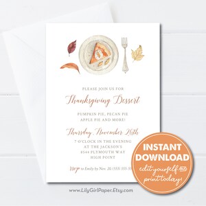 Editable Thanksgiving Dessert Party Invitation Template, INSTANT DOWNLOAD, Pumpkin Pie, Thanksgiving Holiday Party