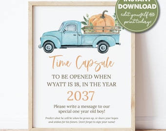 Editable 1st Birthday Party Time Capsule Sign, Boy's First Birthday, Our Little Pumpkin, INSTANT DOWNLOAD! Printable Time Capsule Sign, 0214