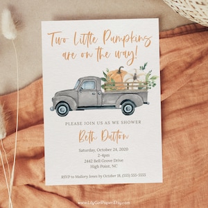 Two Little Pumpkins On the Way Editable Twin Baby Shower Invitation Template, Vintage Truck with Pumpkins, Fall Twins Shower!  0215
