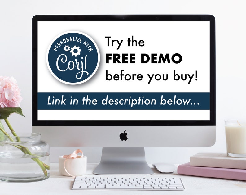 May include: A computer screen displaying a blue and white logo with the text "PERSONALIZE WITH Coril" and the text "Try the FREE DEMO before you buy! Link in the description below..."