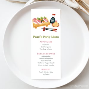 Bearbeitbare Sushi-Geburtstagsfeier-Menüvorlage, Hibachi, Sushi-Dinner, asiatisches Steakhaus, INSTANT-DOWNLOAD! Druckbares Menü, 0345